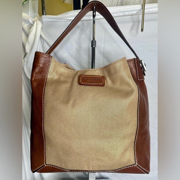 KATE SPADE Brown Leather Gold Canvas Shoulder Tote Bucket Market Carryall Bag - Picture 3 of 10